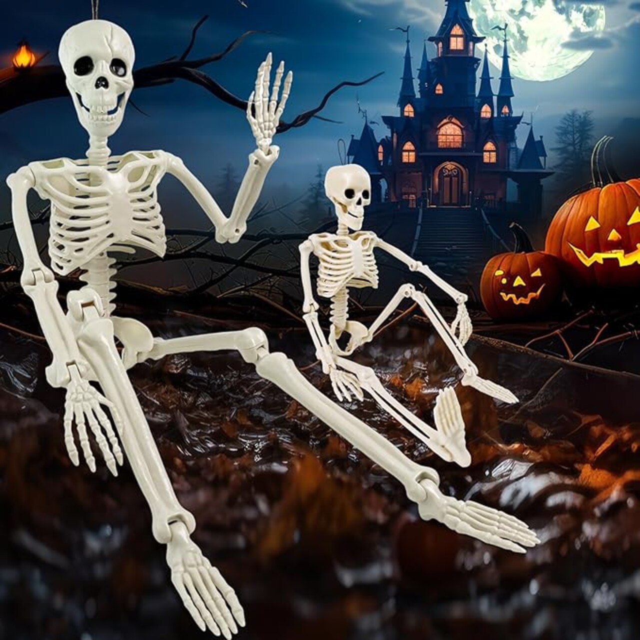 2 Pack Halloween Skeleton Decorations - 16" and 36" Poseable Skeletons with Full Body Movable Joints, Indoor and Outdoor Spooky Décor for Halloween Parties, Haunted Houses, and Yard Decorations